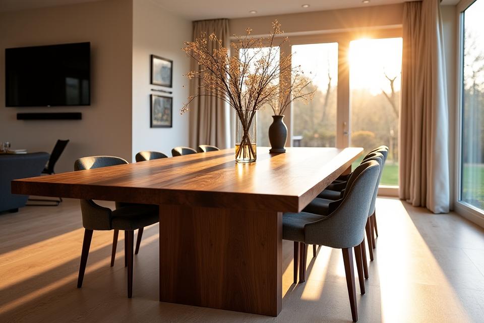 Prachtige walnoten eettafel in een modern interieur